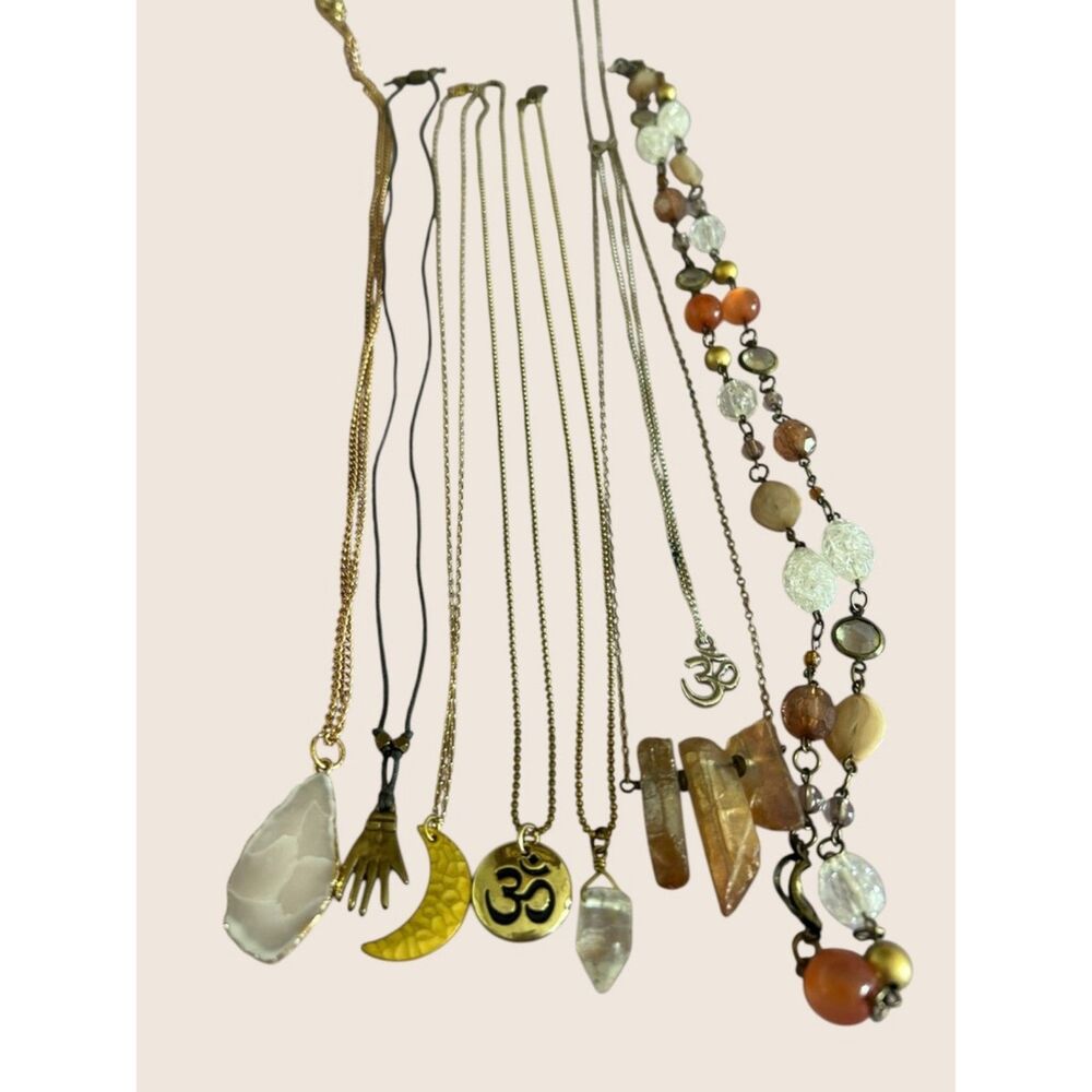 🌙 VTG BOHO LAYERED NECKLACE CELESTIAL MOON HAMSA CRYSTAL OM CHARM BUNDLE LOT